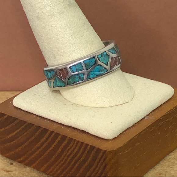 Southwest Native Sterling Silver Crushed Turquoise Coral Mosaic Ring Sz 12-1/2 - Picture 4 of 17